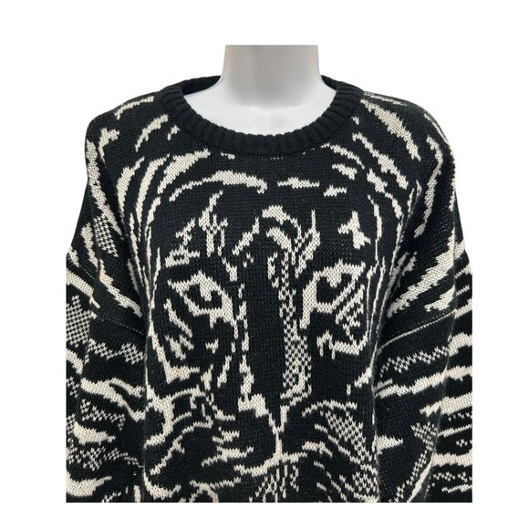 Vintage Y2K Black White Oversized Tiger Sweater Knit Retro Crewneck Italy Chunky - Picture 2 of 13
